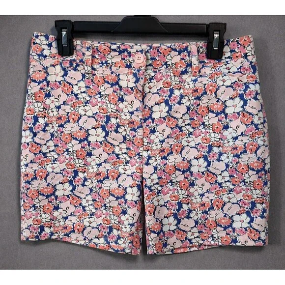 Talbots Floral Shorts Sz 8 Pink Blue White Flat Front Welt Back Pockets Summer - Picture 1 of 9